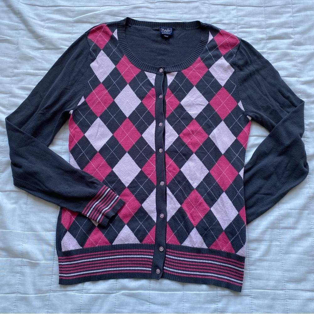 twik Black, Pink & Light Pink Argyle Button Cardigan